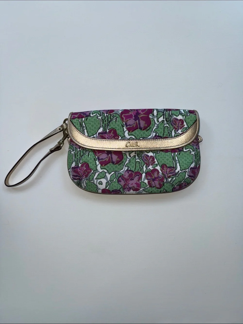 Coach Floral Wristlet in Green, Purple and Gold